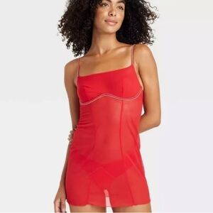 NWT Auden Rhinestone Lingerie Dress in red mesh fabric. Size small
